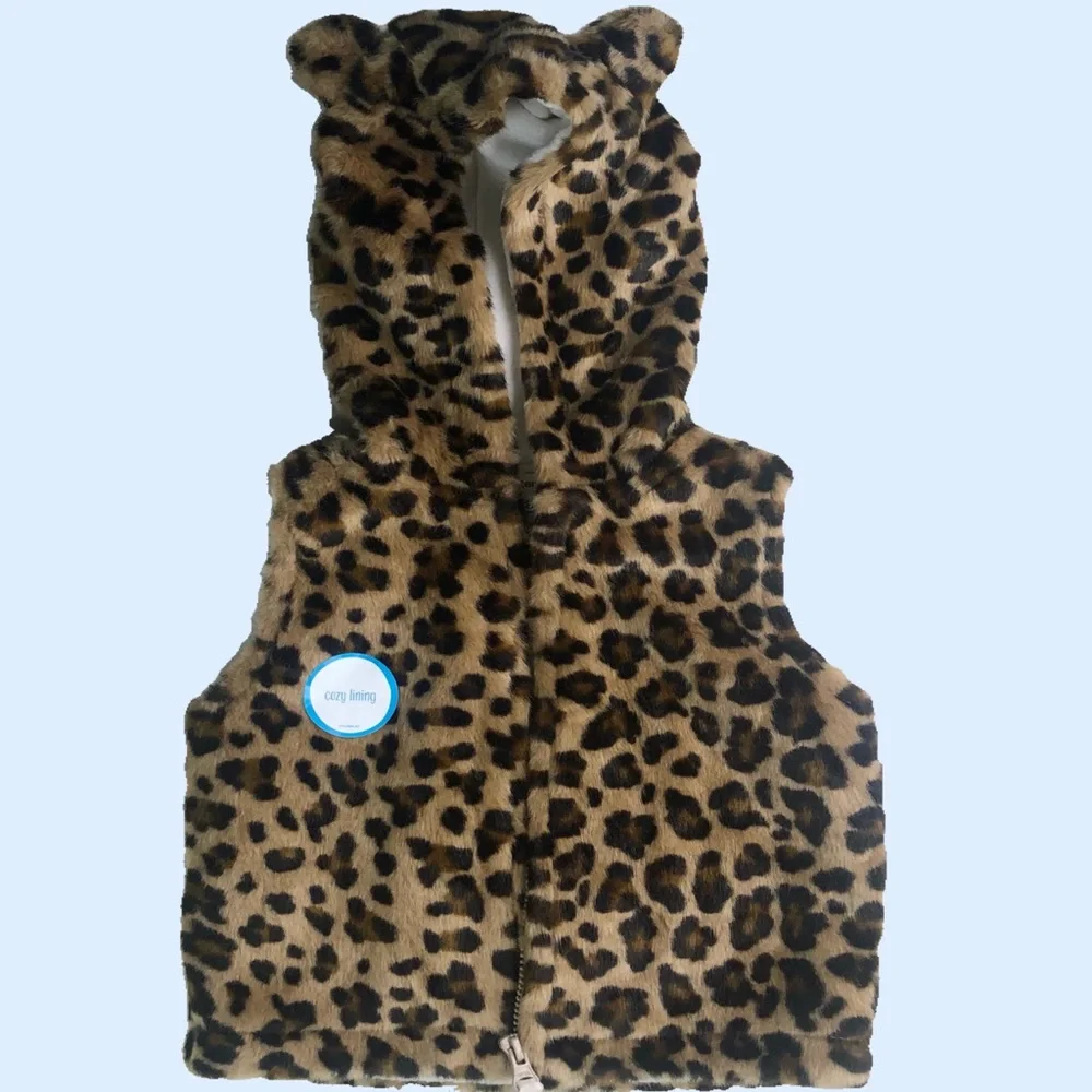 Carter’s Leopard Fur Hooded Zippered Vest & Long Sleeve Tee Dress Size 9 -12 mo.